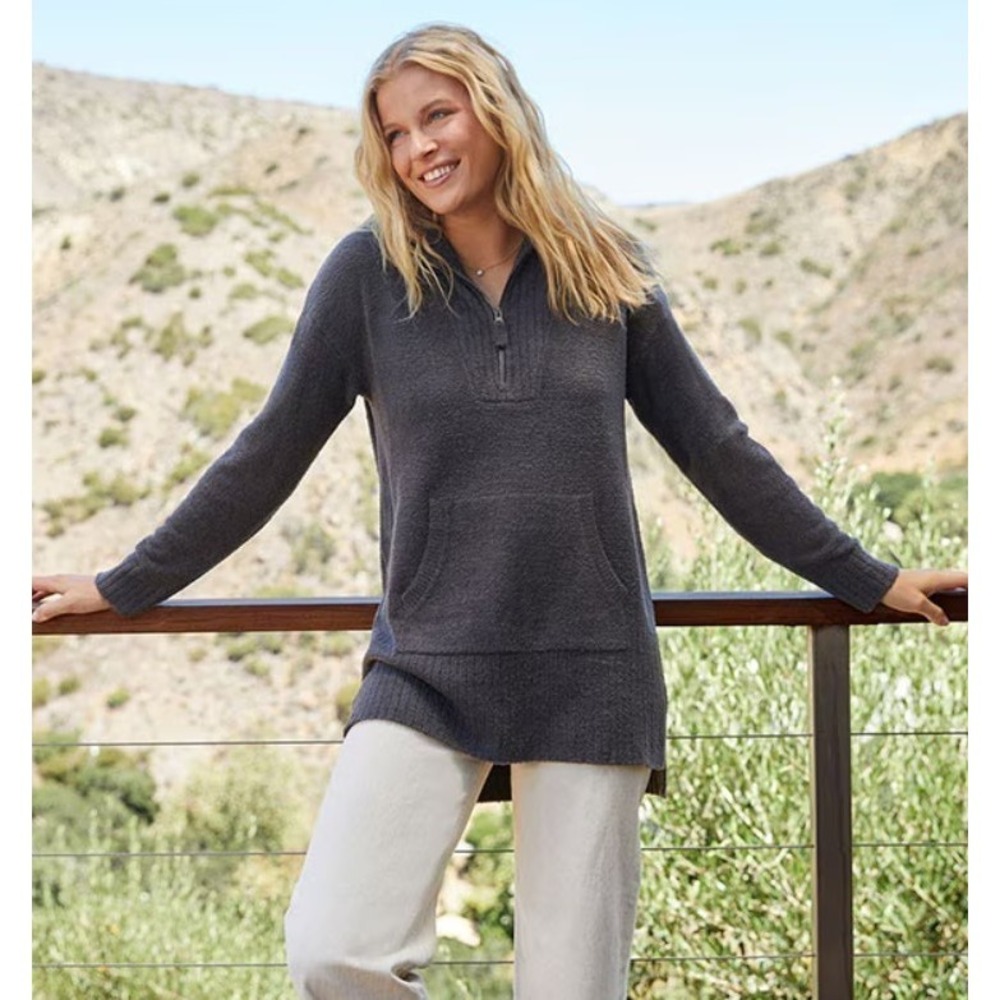 Barefoot Dreams Tunic Sweater Women's Large Gray CozyChic Lite Half Zip Pullover